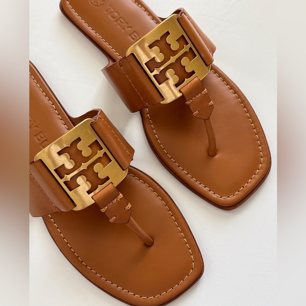 NWT Tory Burch Georgia Calf Leather Sandals, Aged Camello /Gold - Picture 2 of 16